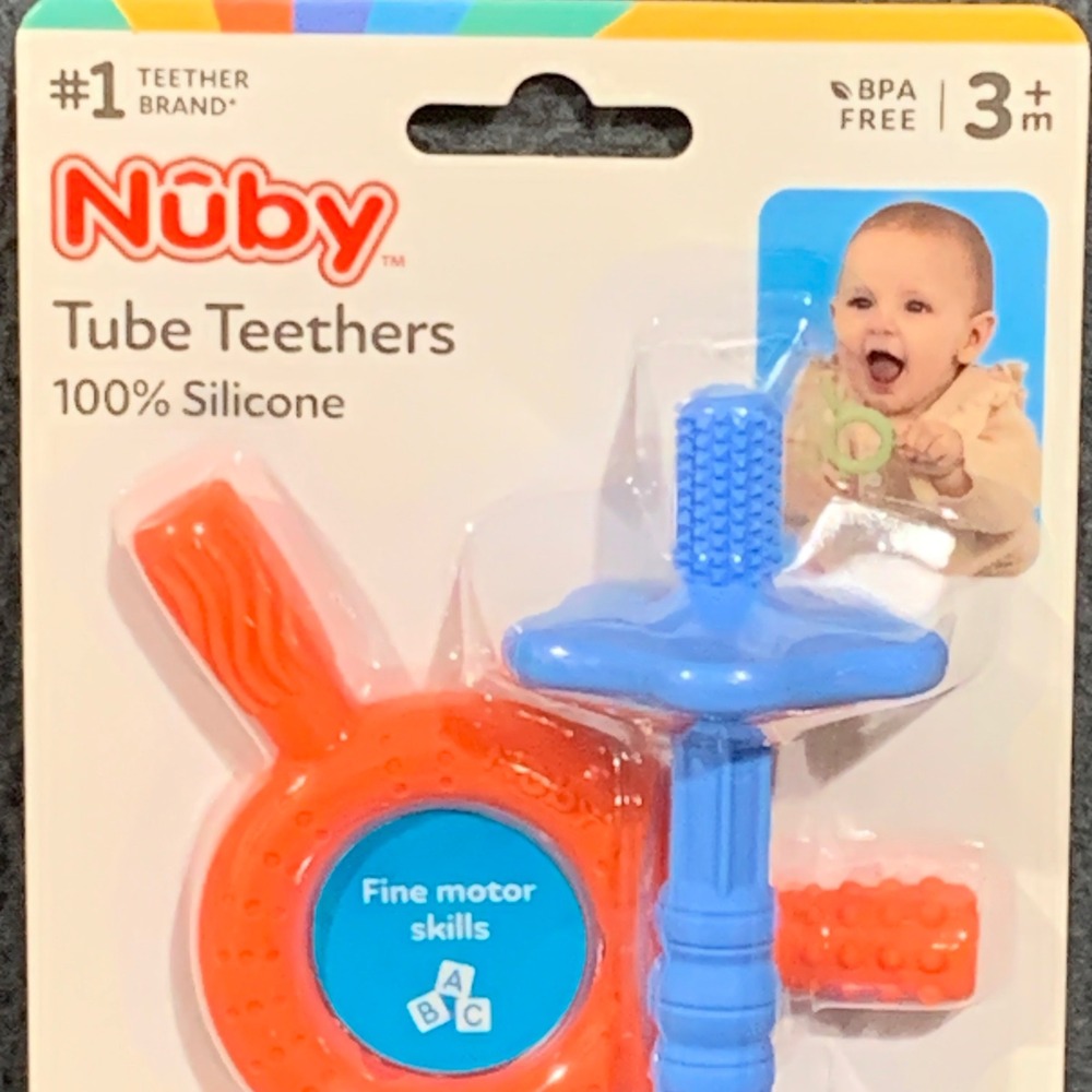 Nuby Tube Teethers Baby 3m+ Silicone BPA Free Blue Orange Sensory Relief Toy - Picture 2 of 7